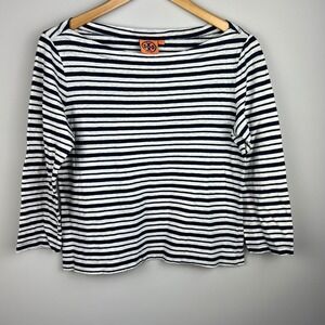 Tory Burch Striped Boatneck Long Sleeve Top Women L Navy White Casual Classic